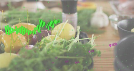 Displaying cluster of yellow peppers, purple onion, garlic and herbs on wood board, AR overlay