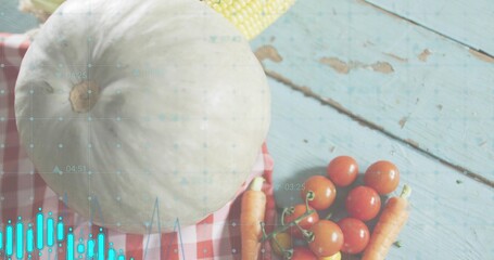 Showing large pale white pumpkin sitting on checked cloth at rustic tabletop with blue data overlay