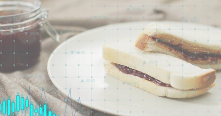 Displaying jam sandwich on ceramic plate on wooden table, with jam jar, napkin, overlay, copy space © vectorfusionart