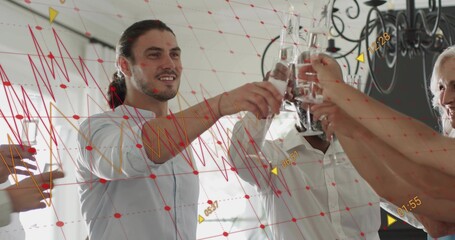 Raising ponytailed man in light button shirt clinking flutes in bright room, red grid overlay