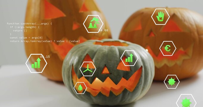 Displaying greenish-gray pumpkin glowing on table hex HUD icons floating orange pumpkins code text