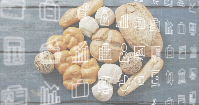 Showing braided roll buns seeded roll baguette oval loaf on bakery table with business icons