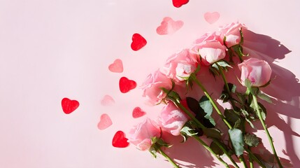 Romantic pink roses and hearts create a delicate Valentine’s love scene on pastel background