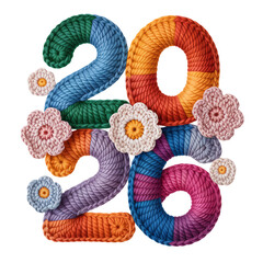 Colorful Knitted 2026 with Crochet Flowers isolated on a transparent background