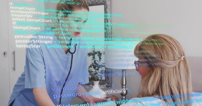 Leaning nurse in scrubs listening with stethoscope to senior with glasses at home, code overlay