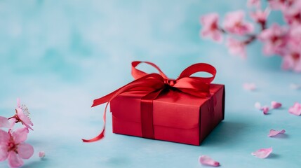 Obraz premium Celebratory gift box on blue pastel background evokes a fresh springtime feeling of joy and gentle elegance