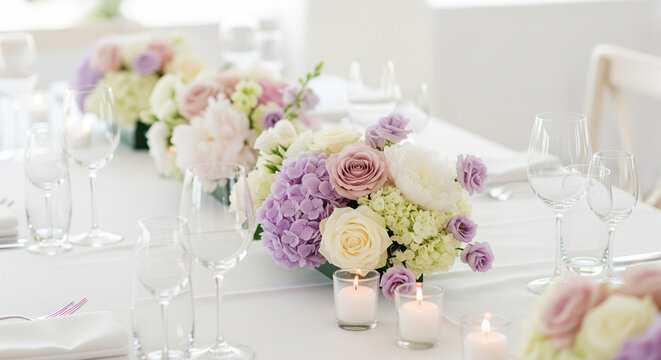Elegant Wedding Table Setting with Pastel Flowers and Soft Lighting
A bright, high-key photograph capturing an elegant and luxurious table setting for a wedding or special event