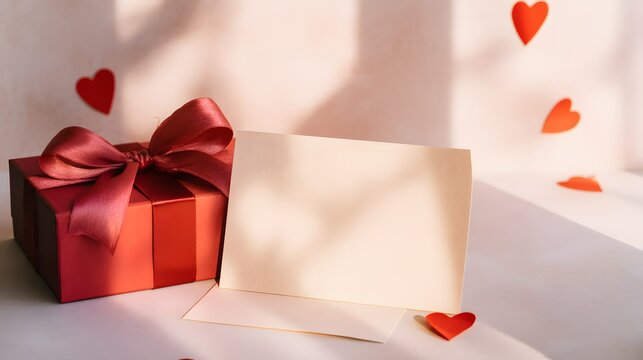 Romantic Valentine’s Gift Still Life Elegant Greeting Card Soft Satin Ribbon Pastel Background Hearts