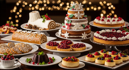 Bountiful Christmas Dessert Buffet with Cakes, Tarts, and Fairy Lights
A rich, visually appealing close-up of a luxurious Christmas dessert buffet set against a warm, dark background adorned