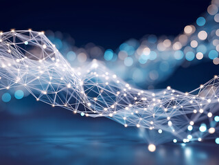 Glowing white neural mesh network with connected nodes forming a flowing wave on deep blue background, futuristic abstract illustration for AI, data and digital technology.