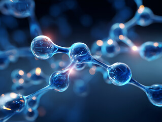 Glassy blue molecular structure with connected spheres floating on a soft bokeh background, abstract illustration for biotech, nanotechnology and modern science.