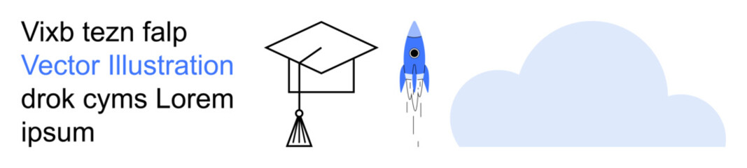 Education, innovation, success, growth, knowledge, advancement. A graduation cap, a blue rocket launching and a cloud. Education and innovation concepts with symbolic elements