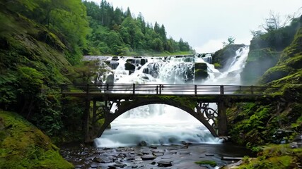 Witness the stunning cascade of water roaring down large rocks, while a rustic bridge adds charm. Lush greenery surrounds the enchanting scene that invites exploration and wonder.