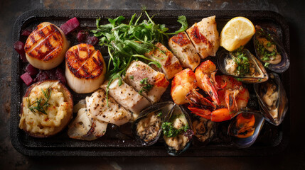 Grilled seafood with mixed fresh herbs. Scallops, shrimps, fish and mussels. Generative AI image