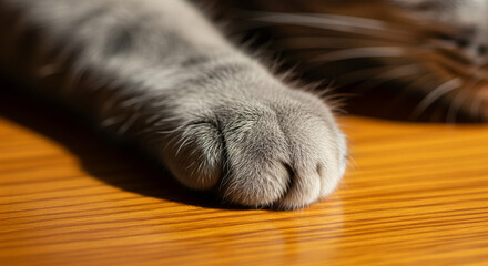 Close-up of Gray Cat Paw on Warm Wooden Surface
An intimate, horizontal close-up shot focused on the soft, gray paw of a cat, likely a Russian Blue or a similar breed