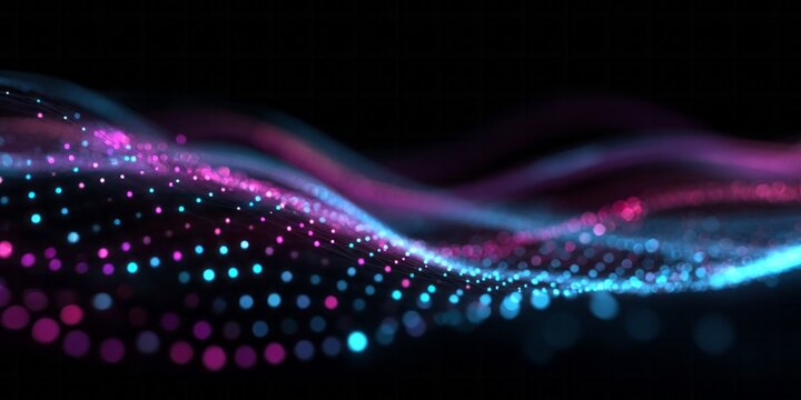 Illuminated digital particles flow across a dark background in undulating waves - Powered by Adobe