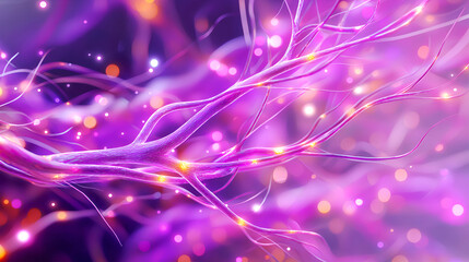 Glowing purple neuron branches with golden synapse sparks on a soft bokeh background, vibrant abstract illustration symbolizing neural networks, AI, brain activity, and creative thinking.