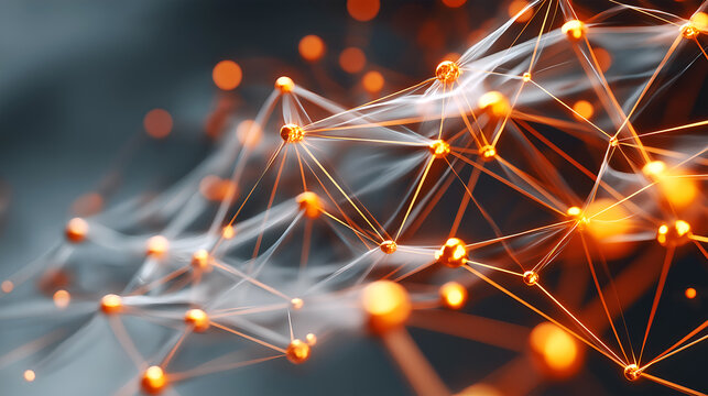 Glowing orange spheres connected by thin lines forming a futuristic network structure, abstract illustration of neural networks, AI and digital data connections.