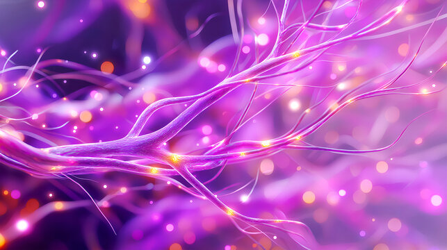 Glowing purple neuron branches with golden synapse sparks on a soft bokeh background, vibrant abstract illustration symbolizing neural networks, AI, brain activity, and creative thinking.