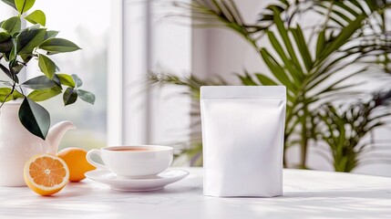 A white pouch stands on a table next to a cup of tea, with oranges, a teapot, and plants in a bright, natural light setting.