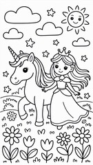 Children’s coloring page featuring a cute princess walking with a unicorn in a fantasy meadow with flowers and stars. Thin black line art with simple clear contours and many decorative details.