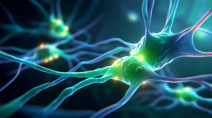 Glowing biological neurons and active synapses on dark teal background, detailed 3D illustration for neuroscience, brain research, AI and neural network concepts.