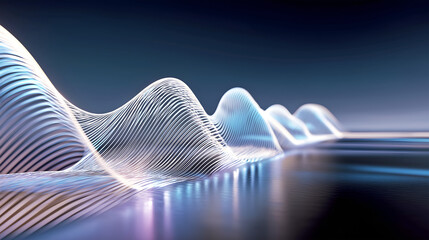 Glowing white wireframe waves stretching across a reflective dark surface, futuristic abstract landscape for AI, data and digital technology concepts.
