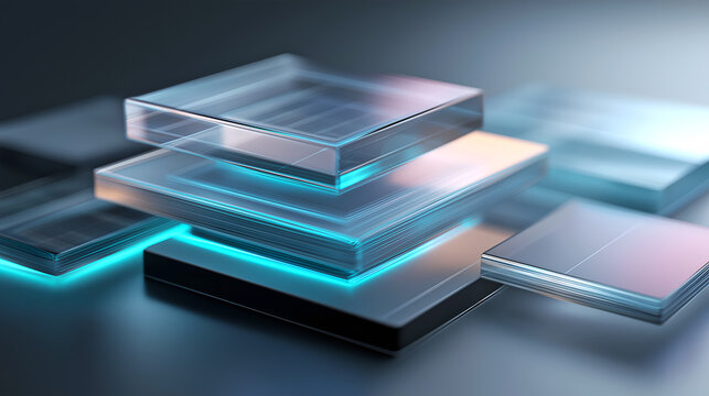 Stack of floating glass squares with soft cyan underlighting, abstract 3D illustration symbolizing layered data, digital platforms, and modern technology architecture. - Powered by Adobe