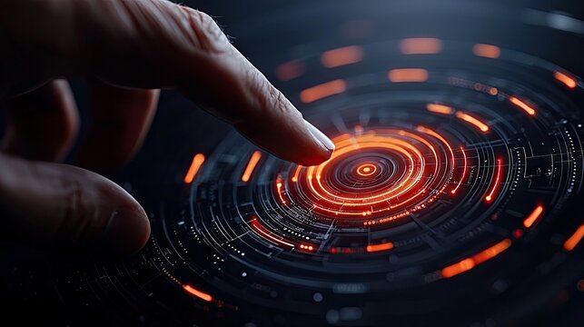Close-up of a hand touching a glowing digital interface, representing technology and innovation. The futuristic design features glowing orange lines and circles