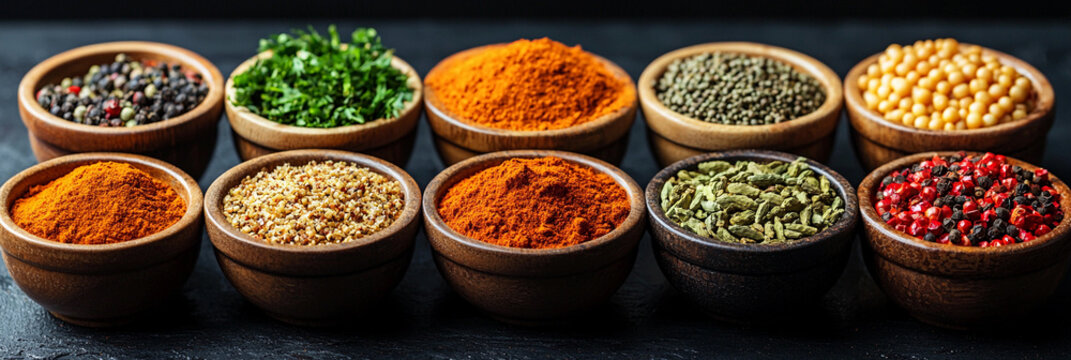 Vibrant spice arrangement in traditional wooden bowls Generative AI