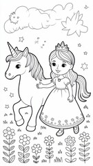 Children’s coloring page featuring a cute princess walking with a unicorn in a fantasy meadow with flowers and stars. Thin black line art with simple clear contours and many decorative details.