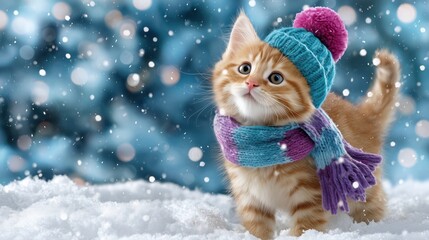 Cute ginger kitten in a colorful winter hat and scarf standing in fresh snow, with soft snowfall and blue bokeh background. Perfect for holiday greetings cards, winter background. Copy space for text