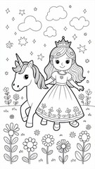 Children’s coloring page featuring a cute princess walking with a unicorn in a fantasy meadow with flowers and stars. Thin black line art with simple clear contours and many decorative details.