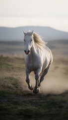 Fototapeta premium A majestic white horse gallops freely across a sunlit meadow embodying wild beauty and untamed energy