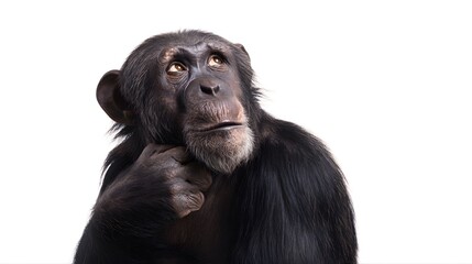Naklejka premium Pensive Chimpanzee Portrait Reflects Deep Thoughtful Expression on White Background
