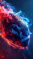 Football enveloped in fiery red and icy blue energy swirls against a dark backdrop, creating dramatic contrast