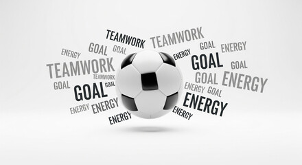 Soccer Ball with Goal, Teamwork, and Energy Word Cloud Concept.
A professional, minimalist studio photograph featuring a classic black and white panel soccer ball centrally positioned and seemingly