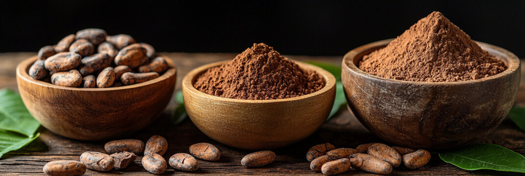 Cocoa powders and beans displayed in wooden bowls Generative AI - Powered by Adobe