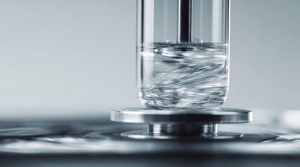 Close-up of lab glassware, liquid swirling