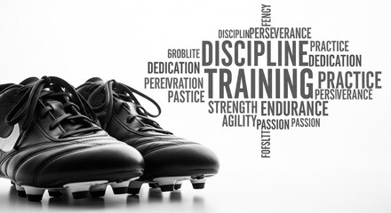 Black and White Soccer Cleats with Motivational Word Cloud.
A powerful black and white studio shot featuring a pair of classic soccer or football cleats (boots) juxtaposed with a motivational word 
