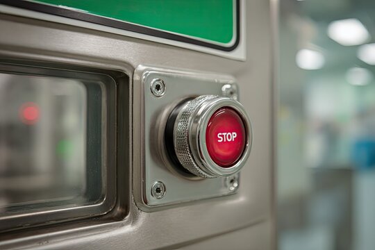 Close-up of a red stop button on a gray industrial machine