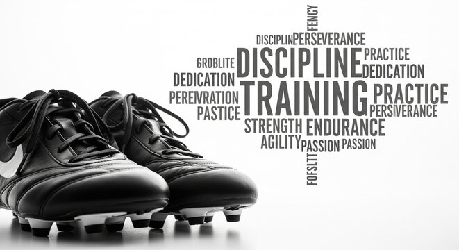 Black and White Soccer Cleats with Motivational Word Cloud.
A powerful black and white studio shot featuring a pair of classic soccer or football cleats (boots) juxtaposed with a motivational word 
