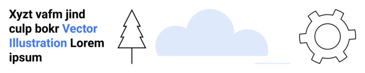 Tree outline next to a blue cloud and gear shape, accompanied by placeholder text. Ideal for technology, environment, innovation, minimalism, creativity, interface, simple landing page
