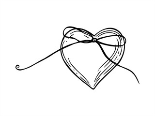 Monochrome paper heart shaped label with string vector isolated illustration. Black and white drawing of heart sign valentines day with rope knot. Cardboard tag for package decor, greeting cards