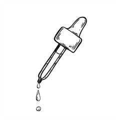 Monochrome pipette with falling oil drops line art black ink sketch. Hand drawn medical or cosmetic element etching drawing. Liquid dripping from glass pipette sketch for spa design, shop poster
