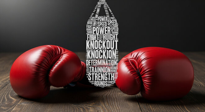 Red Boxing Gloves and Punching Bag of Motivational Words on Wood Floor
A powerful, low-angle studio shot featuring a pair of vibrant red boxing gloves resting on a dark, rustic wooden floor.