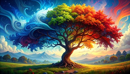Vivid illustration of a tree with rainbow-colored foliage, set against a vibrant sky and picturesque landscape