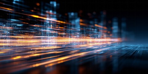 Dynamic light trails stream across a futuristic dark digital environment toward a blurred cityscape