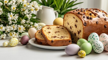 A delightful Easter bread studded with chocolate chips is beautifully adorned with colorful eggs, all set against a backdrop of blooming flowers on a lovely springtime table