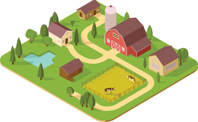 Fototapeta premium Isometric farm, red barn, silo, cows, pond, rural layout, agricultural scene, dirt paths, trees, buildings, farm illustration, livestock